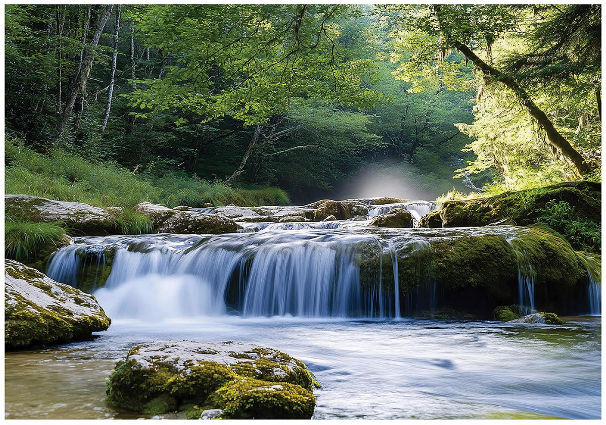 FOTOTAPETE 3D Effekt Wasserfall Wald Natur Tapete Wohnzimmer 350x250 - Multicolor, Papier (350/250cm) - Wallarena