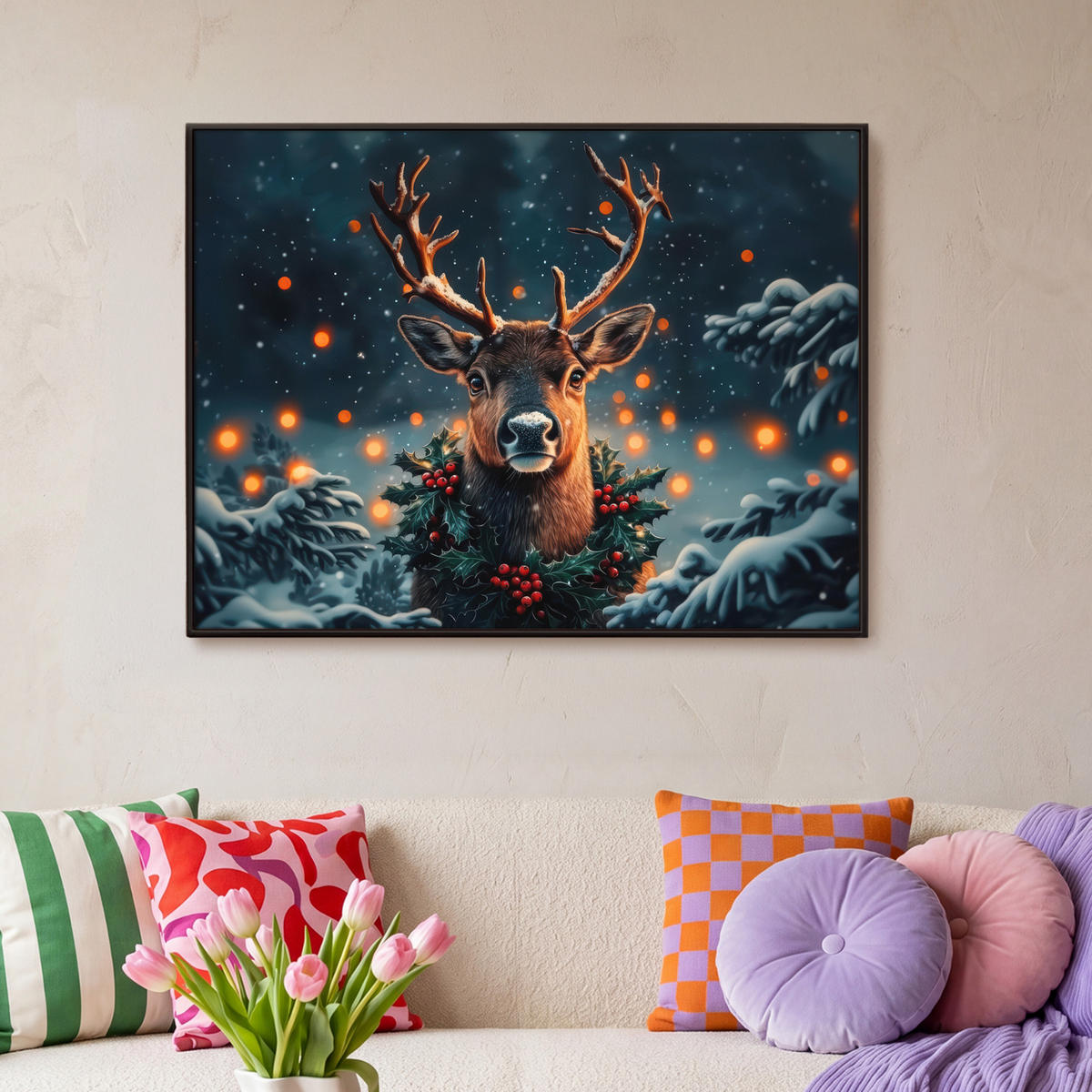 LEINWAND Bilder mit Rahmen - Hirsch - Weihnachten - Winter - Schnee - Weihnachtskranz - 100x70 - Dunkelbraun, Textil (100/70cm) - MuchoWow