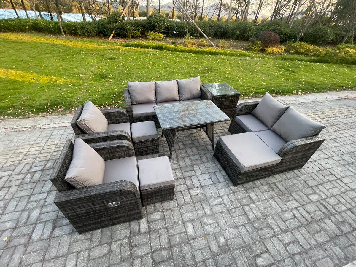 GARTENMÖBEL SET Polyrattan Dunkelgrau 10-Sitzer - Dunkelgrau/Grau, Glas/Kunststoff - Fimous