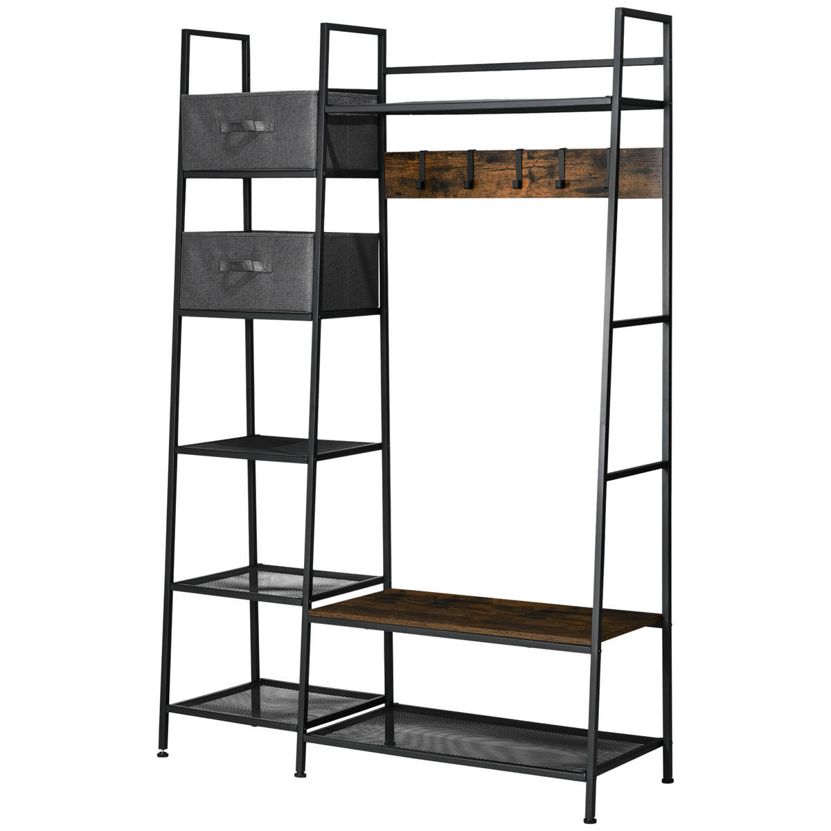 KLEIDERSTÄNDER DE-17204 6 Regale, 4 Haken, 2 Schubladen Schwarz/Natur - Braun, Metall (125/185.5/43cm) - ComfortXL