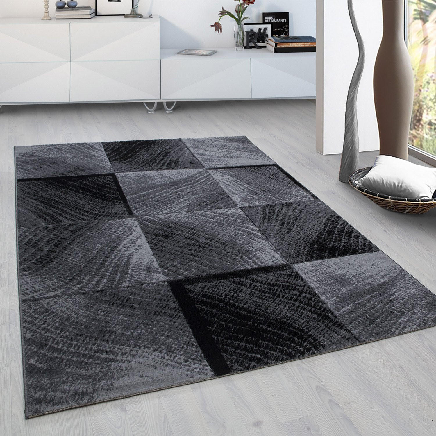 TEPPICH Kurzflor Karo-Design Polypropylen Wohnzimmer Schwarz Läufer 80x150 - Schwarz, Textil (80/150cm) - KADIMA DESIGN