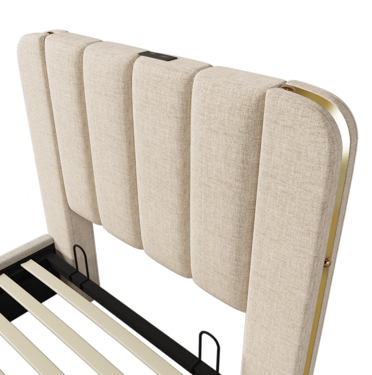 BETT mit Stauraum und USB/Typ-C 90x200 cm Leinen Beige - Beige, Metall (90/200cm) - Meubliv