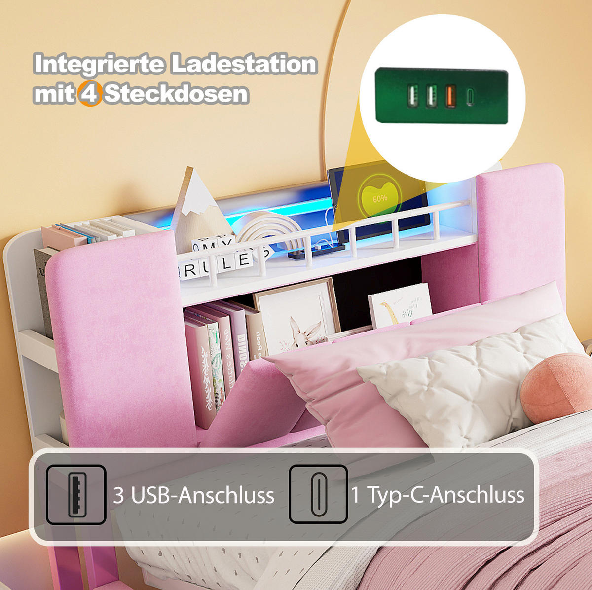 KINDERPOLSTERBETT aus Samt 90x200 cm Rosa mit LED-Beleuchtung, USB-Anschluss und hydraulischem Stauraum - Rosa, Textil (90/200cm) - IVMEU