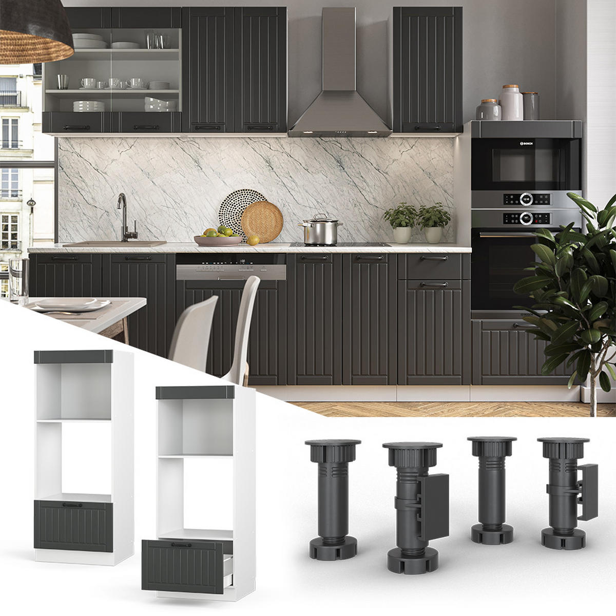 MIKROWELLENSCHRANK Fame-Line Anthrazit Landhaus 60 cm offen - Anthrazit/Weiß, Holzwerkstoff (60/153.6/58.1cm) - Vicco