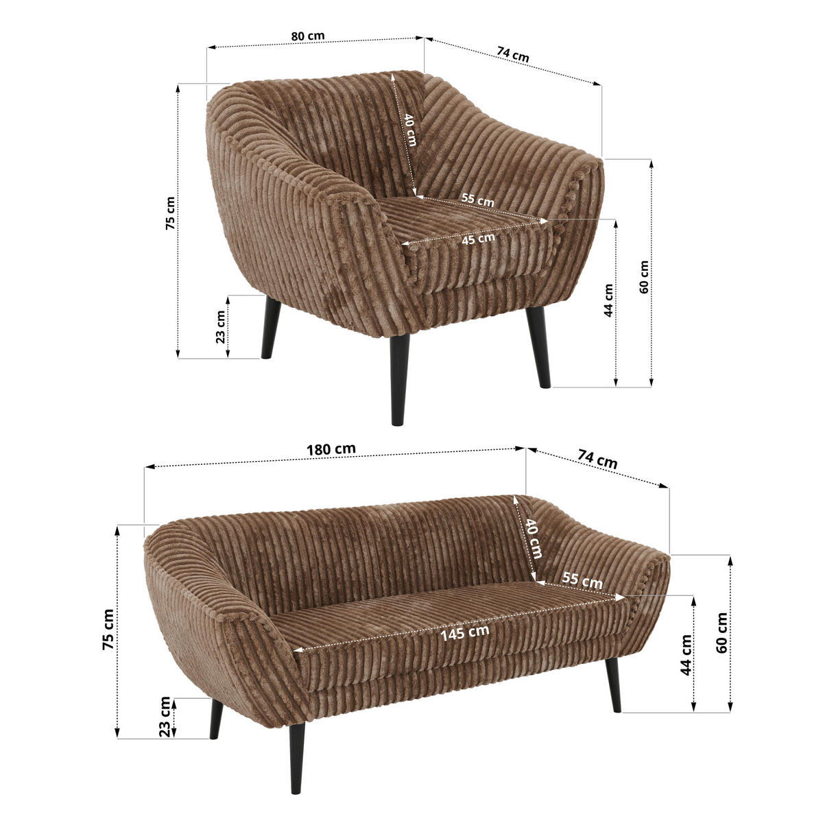SITZGARNITUR PIRS 3+1+1 - Braun Cord - Schwarze Beine - Schwarz/Braun, Holzwerkstoff/Textil (180/75/74cm) - MKS
