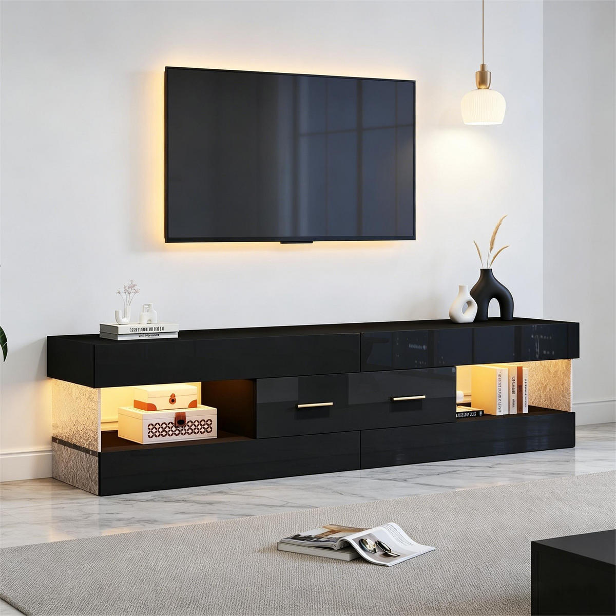 TV-ELEMENT152X35X40CM Schwarz-Hochglanz mit LED-Beleuchtung und Schubladen - Schwarz, Holz (46.71/18.21/89cm) - Raelunyi