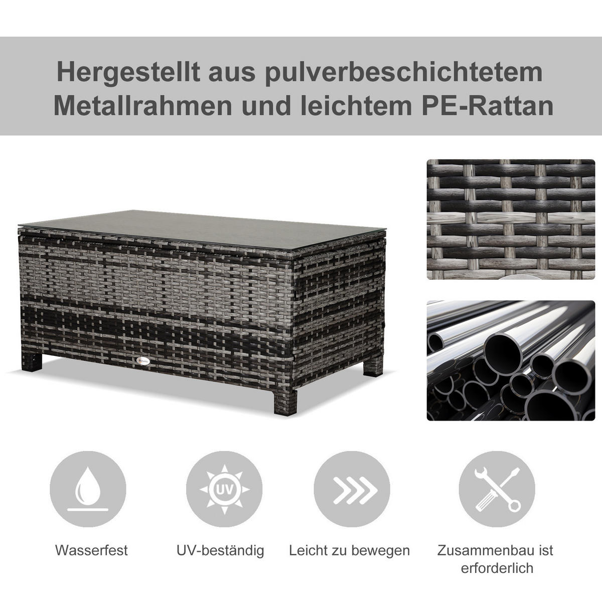 GARTENTISCH 85/50/39 cm grau aus Polyrattan mit Glasplatte - Grau, Kunststoff (85/50/39cm) - OKWISH