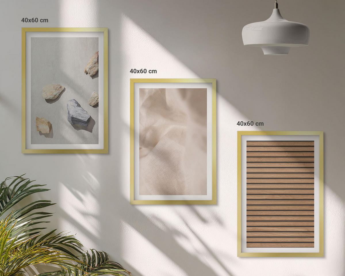 BILDER SET 3er Set - 40x60 cm Goldrahmen - Steine, Holz, Stofftexturen - Goldfarben, Kunststoff (40/60cm) - TULUP