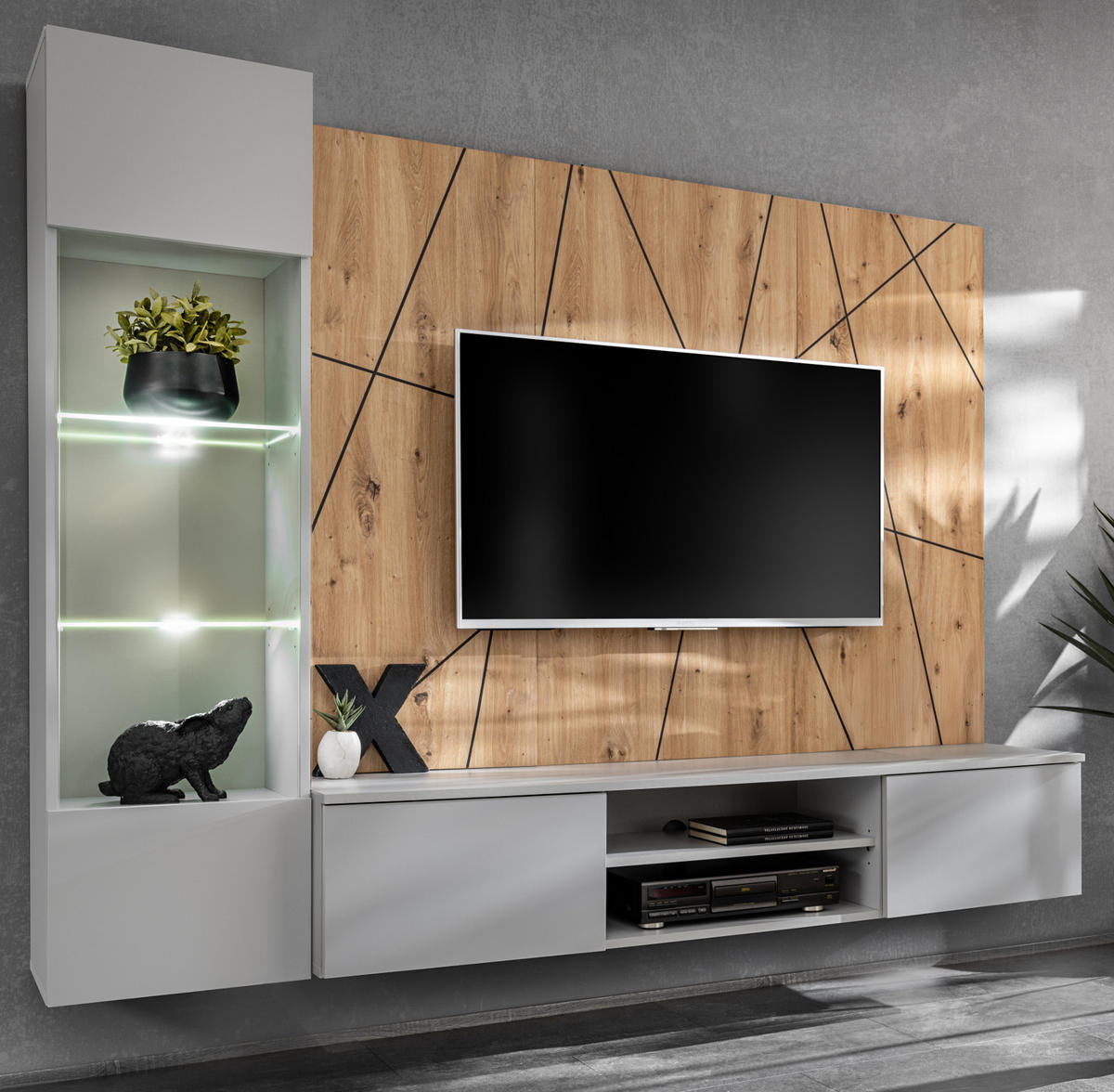 WOHNWAND hellgrau, Eiche Artisan 200 cm, Schrankwand inklusive Beleuchtung, Push-to-Open - Hellgrau/Eiche Artisan, Glas/Holzwerkstoff (200/148/35cm) - Inn.Furn