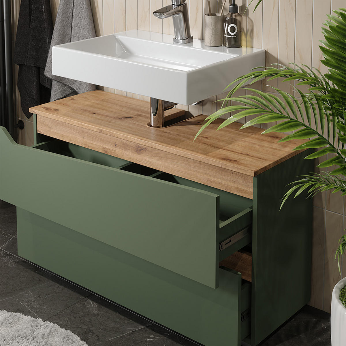 WASCHBECKENUNTERSCHRANK Marelle, Grün/Artisan-Eiche, 100 x 57.5 cm mit 2 Schubladen - Eiche Artisan/Grün, Holzwerkstoff (100/57.5/35cm) - Vicco