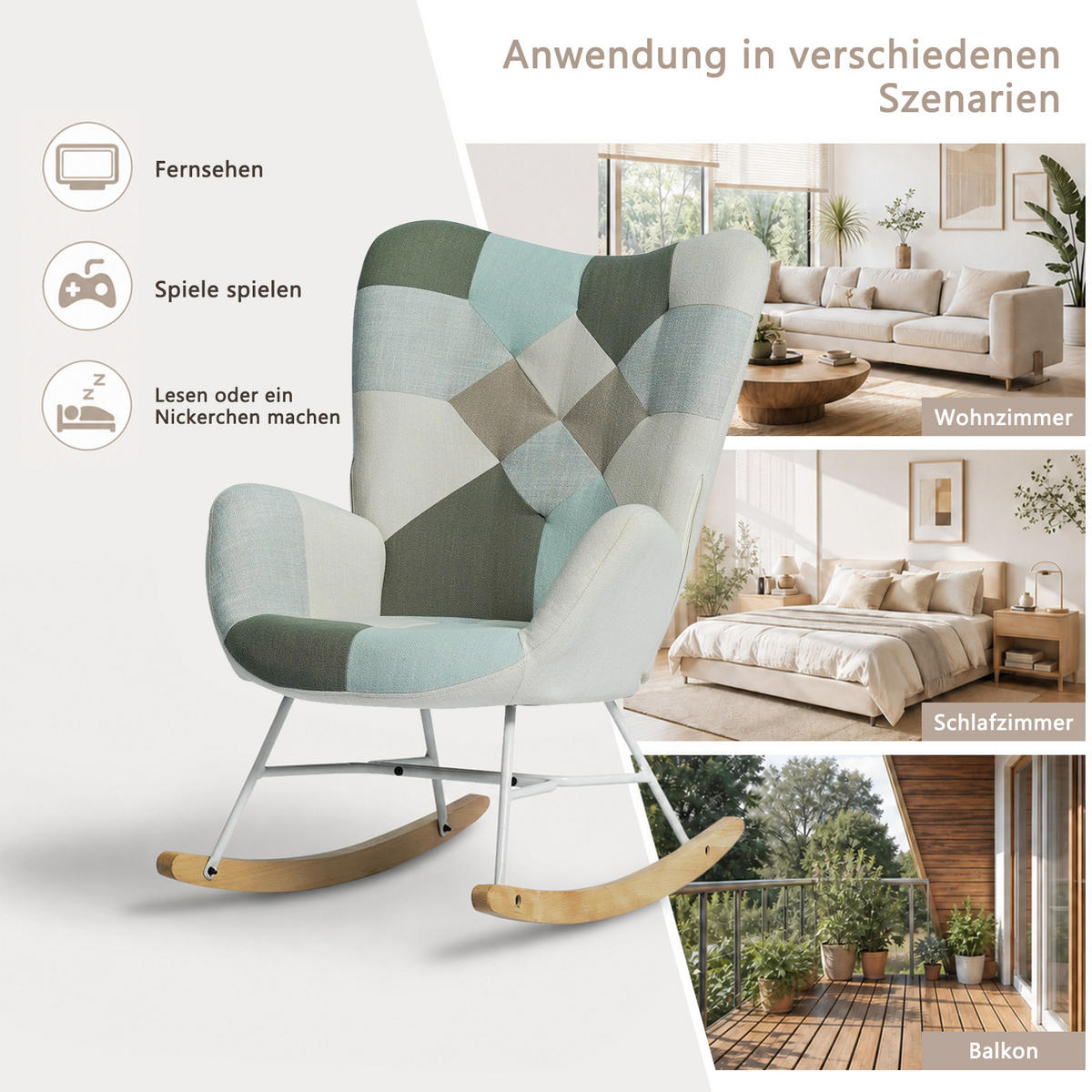 SCHAUKELSTUHL aus Patchwork-Stoff im skandinavischen Stil, zum Stillen, Entspannen und Ausruhen - Multicolor, Holz/Textil (68/98/85cm) - Meubles Cosy