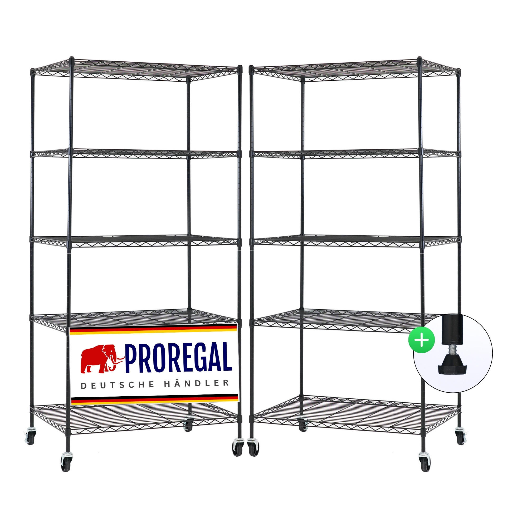 GITTERREGAL 2er - Set HADES mit Rollen & 5 Gitterböden Metall 180x90x60cm Schwarz - Schwarz, Metall (90/180/60cm) - PROREGAL