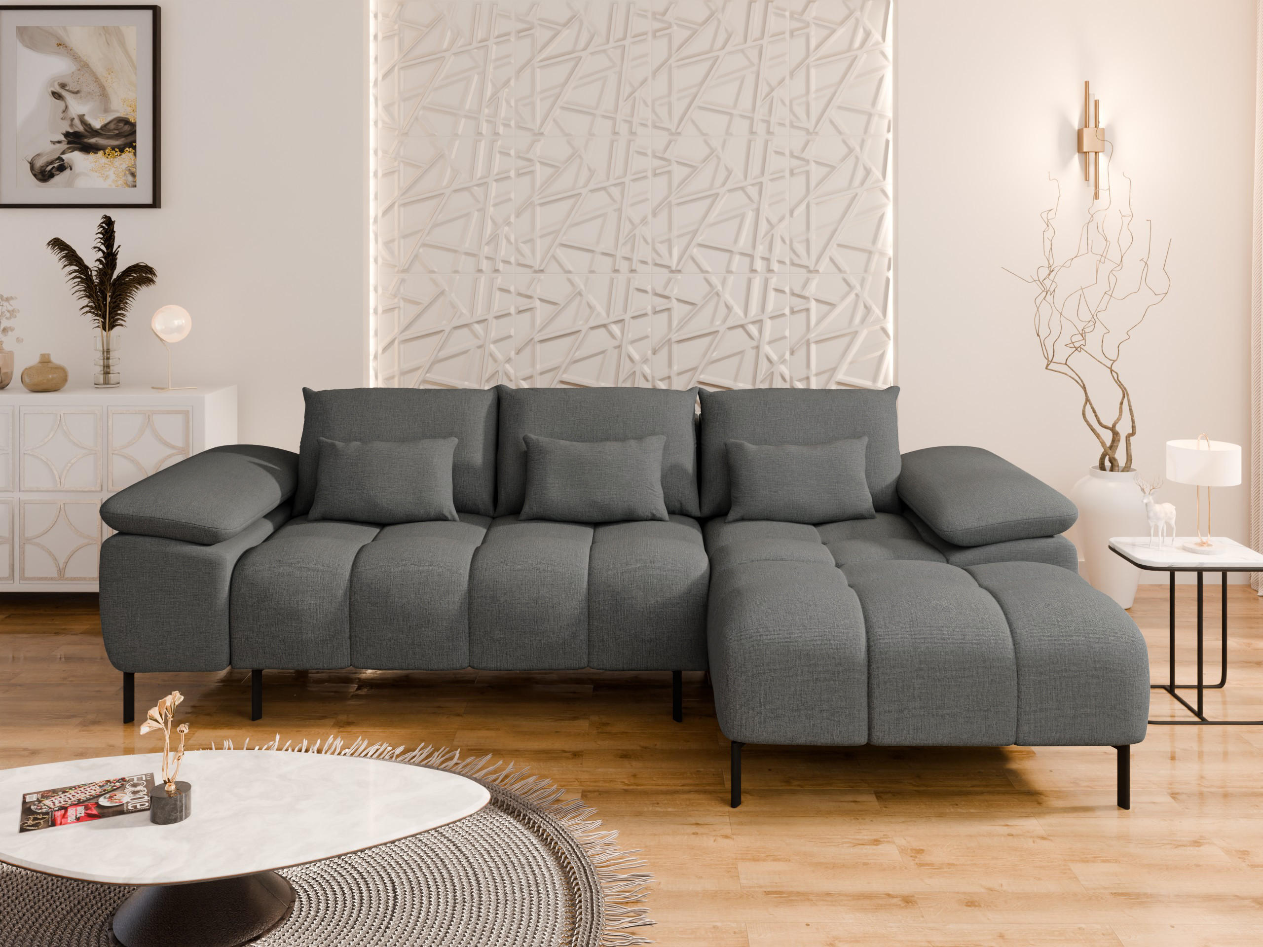 ECKSCHLAFSOFA 4-Sitzer DOLUS – Modernes Ecksofa mit Schlaffunktion Rechts montierbar, Graphitfarben - Graphitfarben, Holz (141/277cm) - Panda Möbel