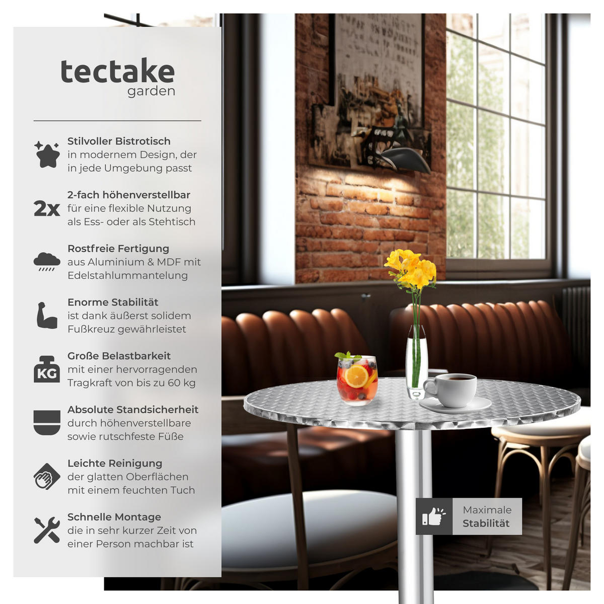 STEHTISCH Frederic,60 x 70/110 cm,grau - Grau, Metall (60/114/60cm) - tectake
