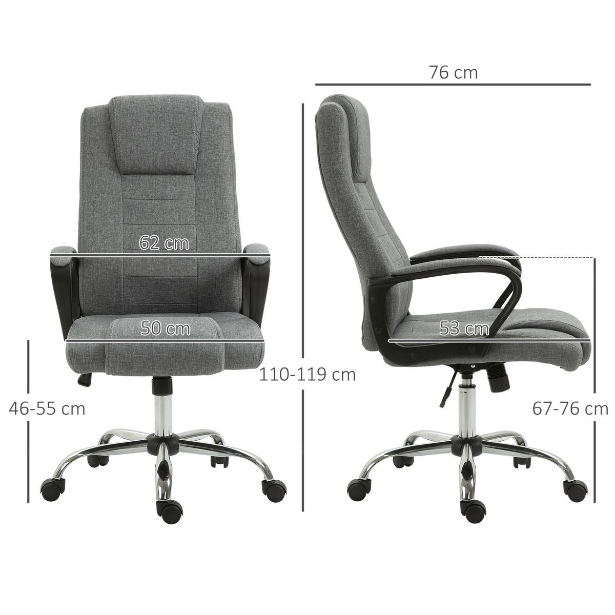 BÜROSTUHL Computerstuhl mit Wippenfunktion höhenverstellbar drehbar Leinen-Touch - Dunkelgrau, Kunststoff (62/119/76cm) - Vinsetto