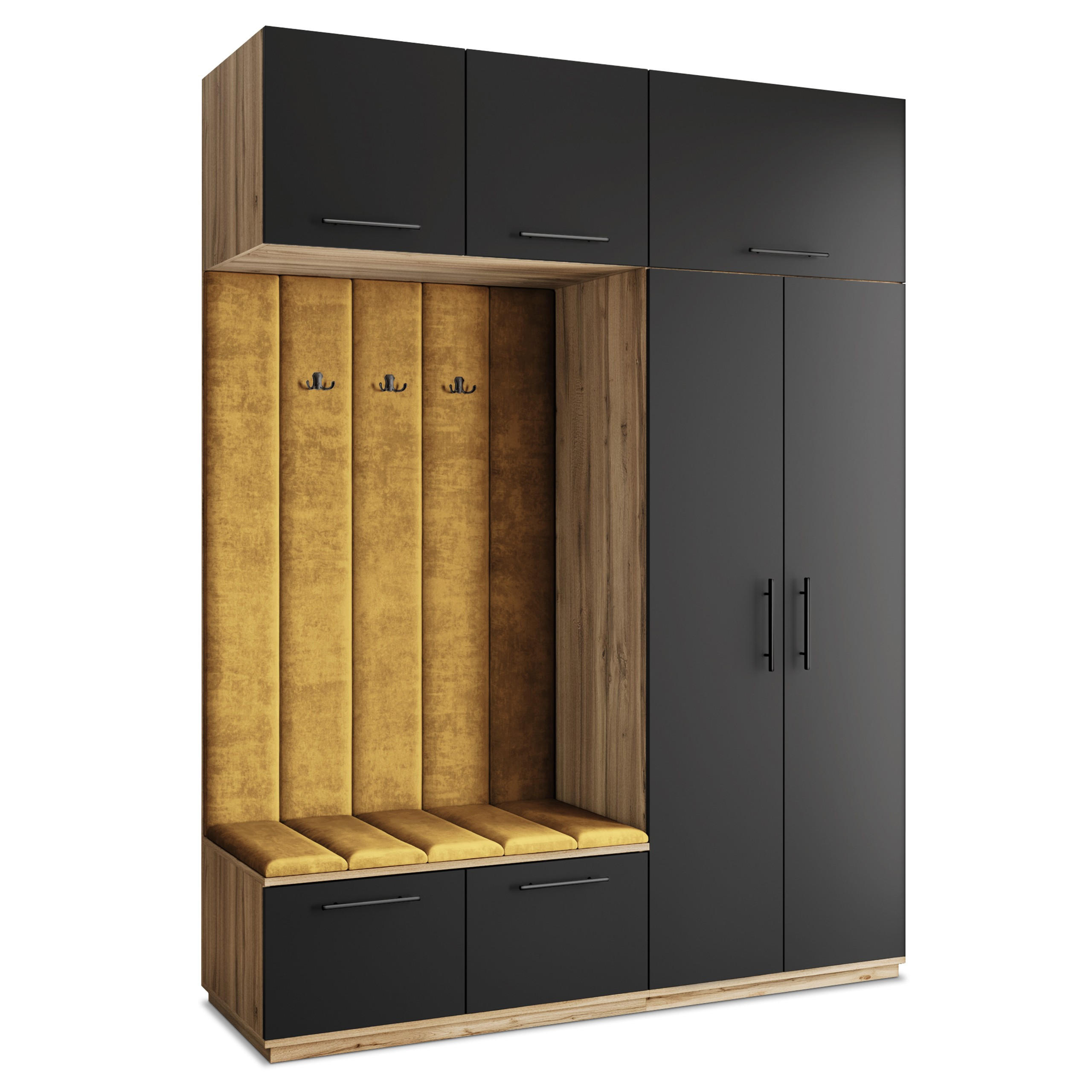 Masseno Garderobenschrank Eiche Wotan, Schwarz, Gelb 180x240x60 cm