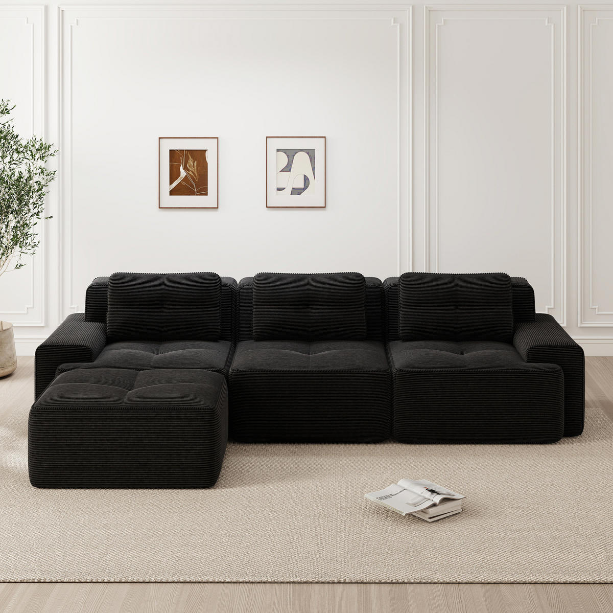ECKSOFA aus Cord in Schwarz mit modularem Design - Schwarz, Textil (177/293cm) - Modfu