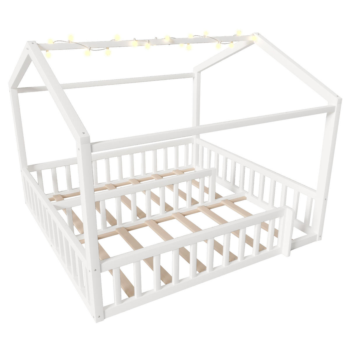 HAUSBETT aus Kiefernholz 90x190/180x190 cm Weiß mit Schutzgitter, LED-Licht und teilbarem Dual-Design - Weiß, Holzwerkstoff (90/190cm) - Modfu