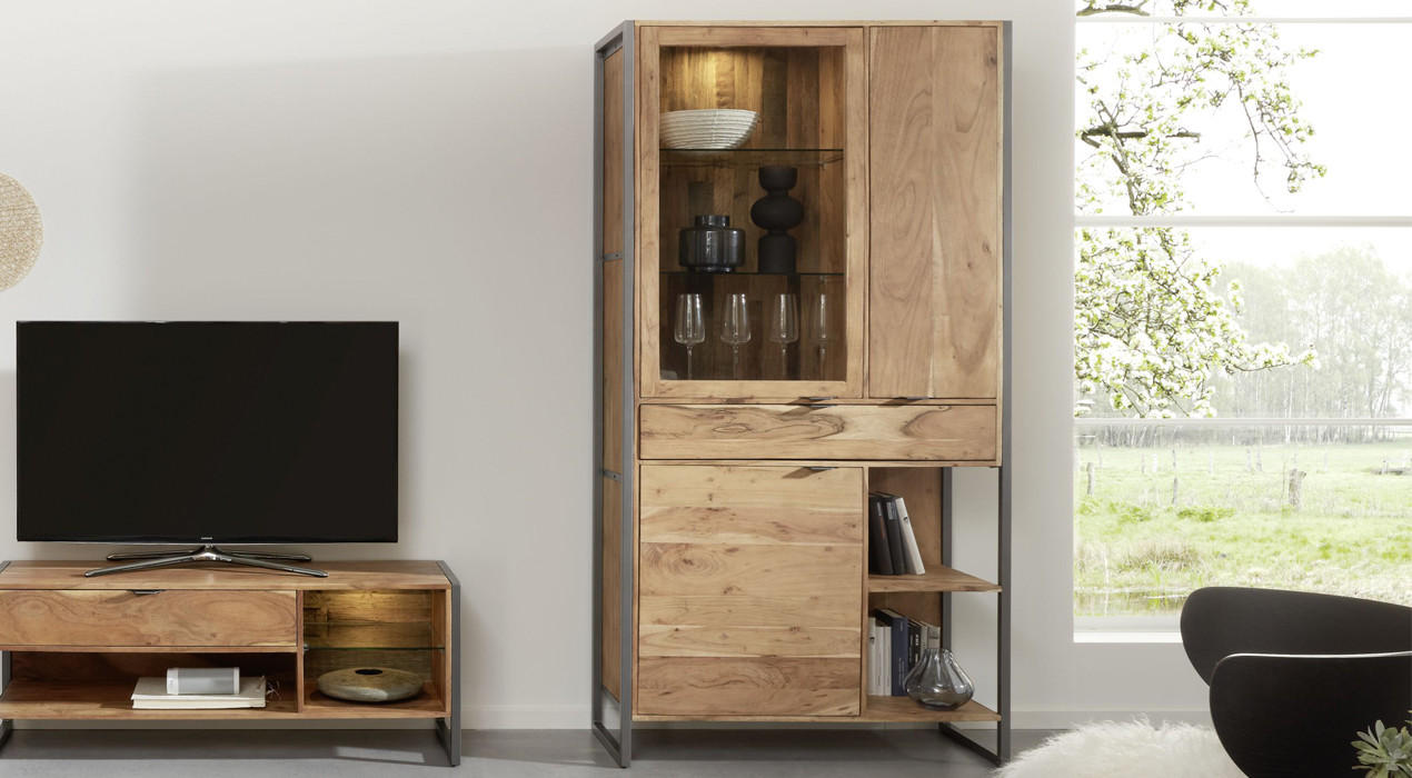 Vitrinenschrank Holz Akazie Vollmassiv