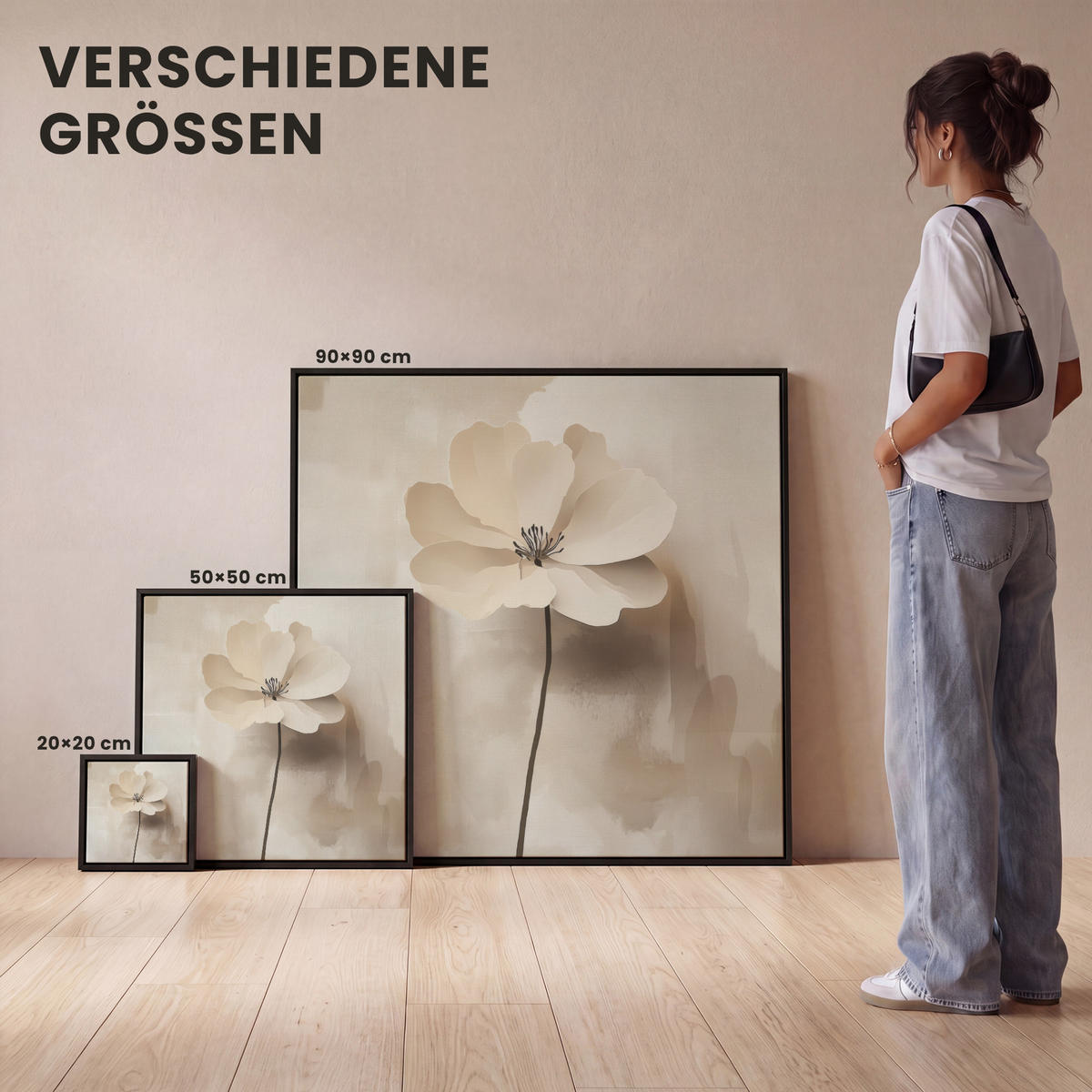 LEINWAND Bilder mit Rahmen - Blume - Beige - Farbe - Schatten - 90x90 - Creme, Textil (90/90cm) - MuchoWow