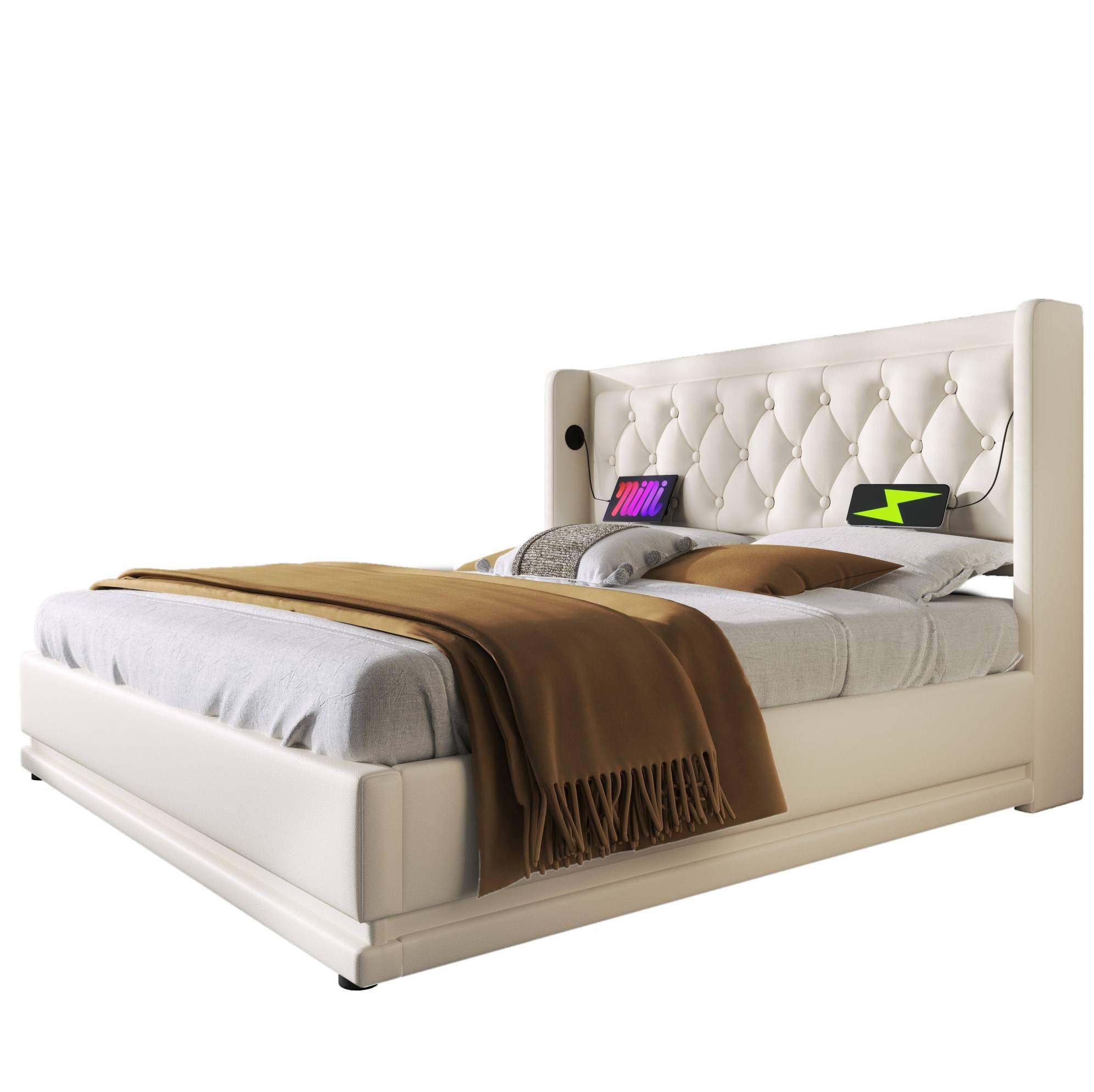 POLSTERBETT mit LED-Beleuchtung 140/200 cm mit Bettkasten, USB-C und gepolstertem Kopfteil - Weiß, Textil (140/200cm) - BEAOK