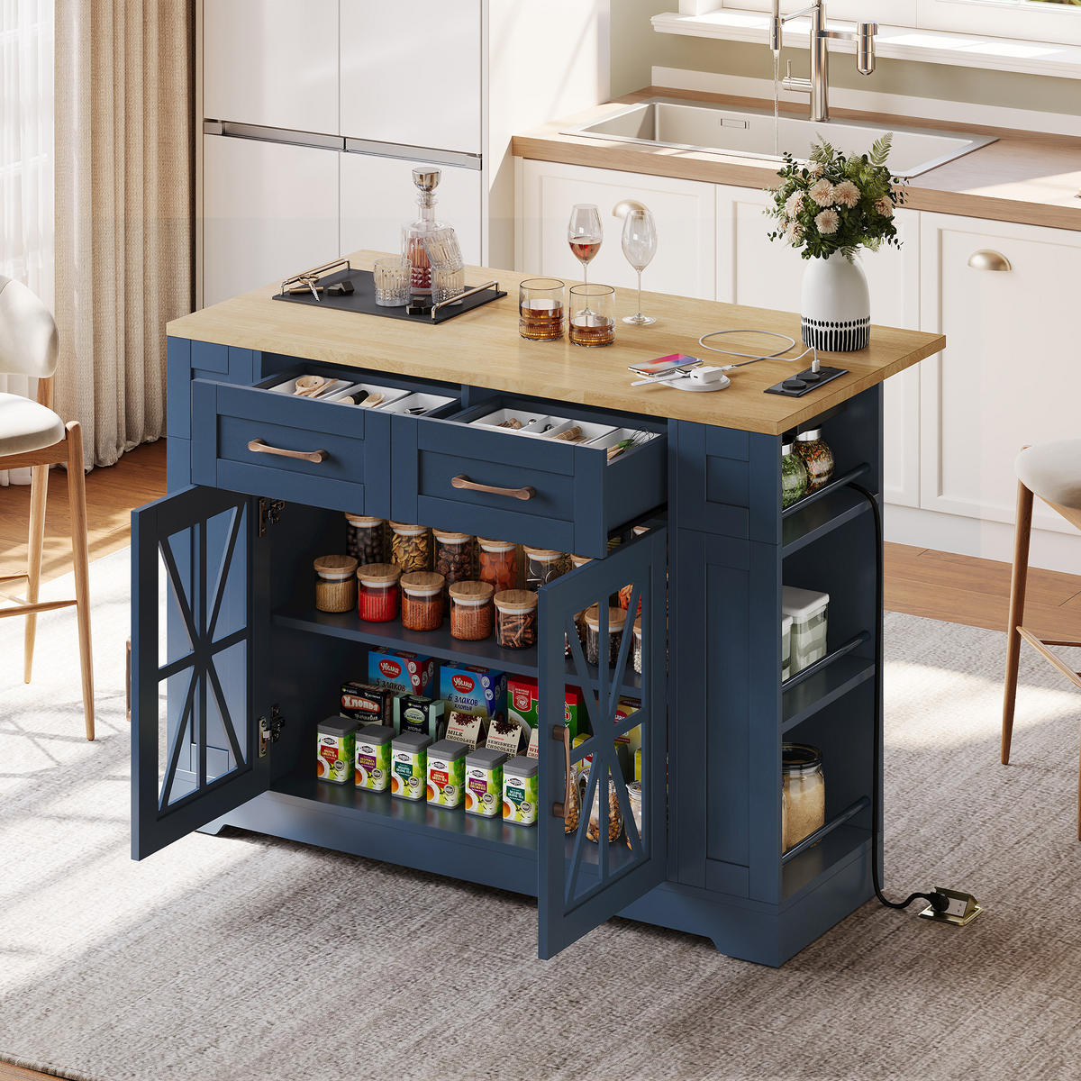 KÜCHENINSEL DE-41308 120/40-65/92 cm mit klappbarem Esstisch und Glastüren Blau - Blau, Holzwerkstoff (120/92/65cm) - ComfortXL
