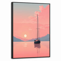 LEINWAND Bilder mit Rahmen - Segelboot - Rosa Meer - Sonnenuntergang - Berge - 70x100 - Rosa, Textil (70/100cm) - MuchoWow