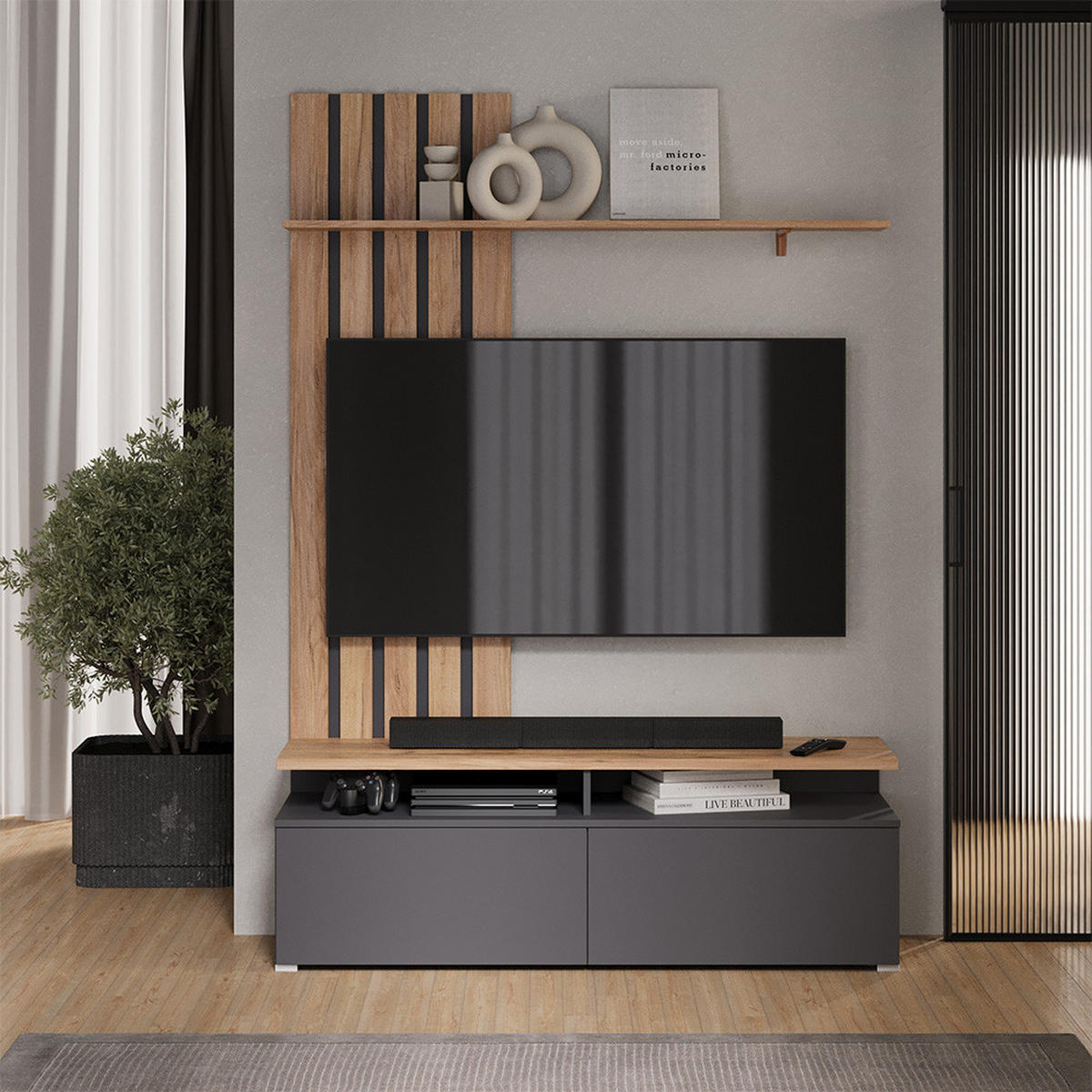 NÁSTĚNNÁ SKŘÍŇKA Harro Zlatý dub power/antracit - medově dubová/antracitová, kompozitní dřevo (139/200/45cm) - Vicco