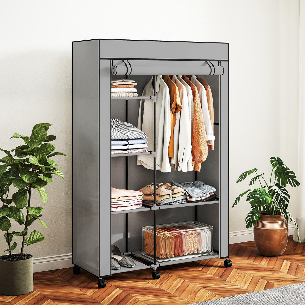 STOFFSCHRANK mit 6 Regalen und 1 Kleiderstange, platzsparende Aufbewahrungslösung in Hellgrau - Hellgrau, Metall (103/162.5/43cm)