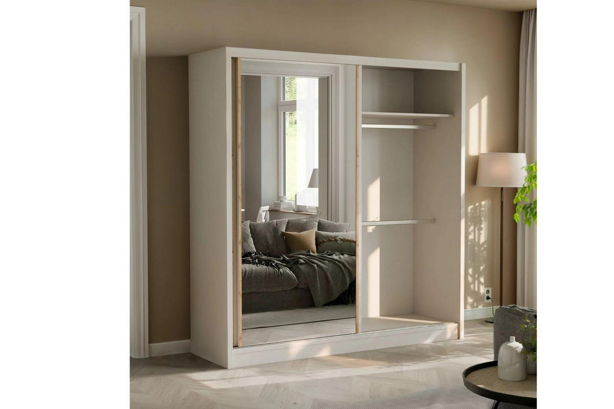 SCHWAEBETÜRENSCHRANK NEW YOURK LUX 203/215/61 cm in Kaschmir mit Lamellen und Spiegel - Kaschmir, Holzwerkstoff (203/215/61cm) - Deine Möbel 24