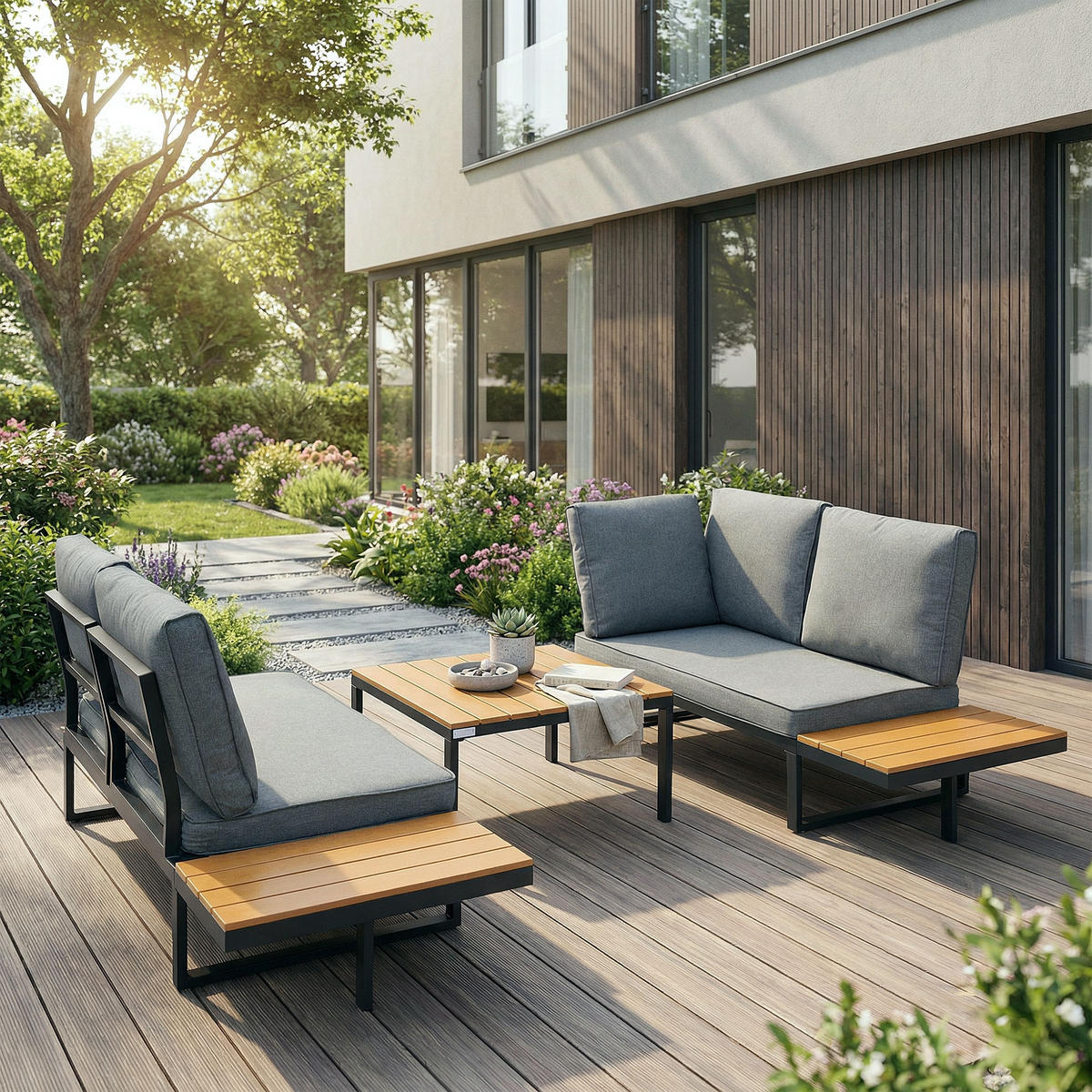 GARTENMÖBEL SET 3 tlg in Grau-Holzoptik mit Stahlgestell - Braun/Grau, Textil/Metall - ML-DESIGN