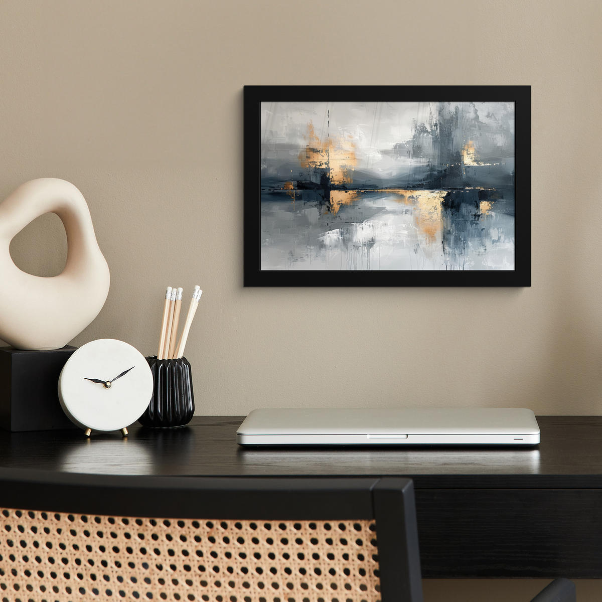 POSTER MIT RAHMEN Kunst - Grau - Gold - Abstrakt 30x20 cm - Dunkelgrau, Papier (30/20cm) - MuchoWow