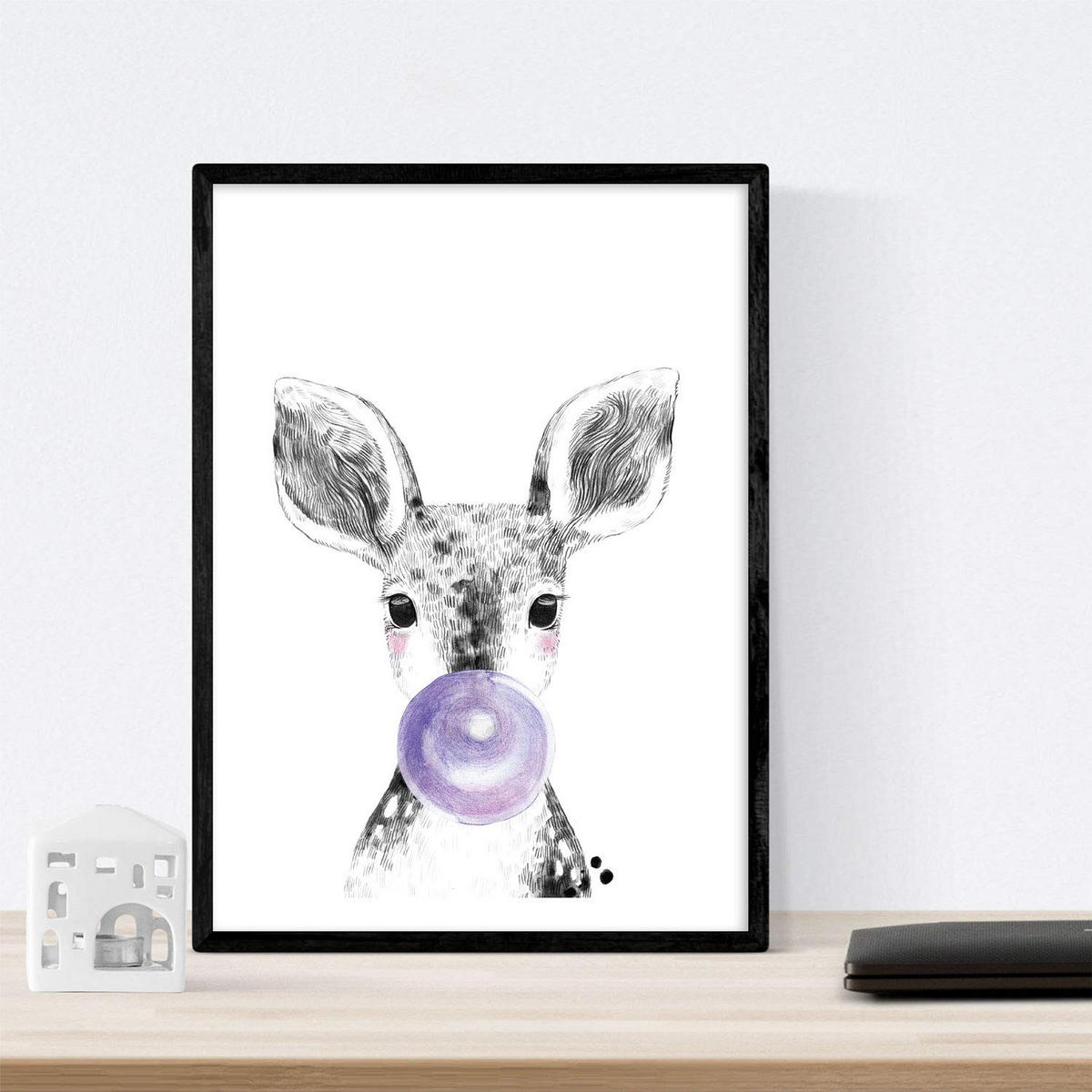 POSTER Set Mit 6 Tiere Babys Mit Kaugummi Hirschschwein Elefant Zorro Bär Hund A4 Schwarzer Rahmen - Schwarz, Papier (29/3cm) - Nacnic