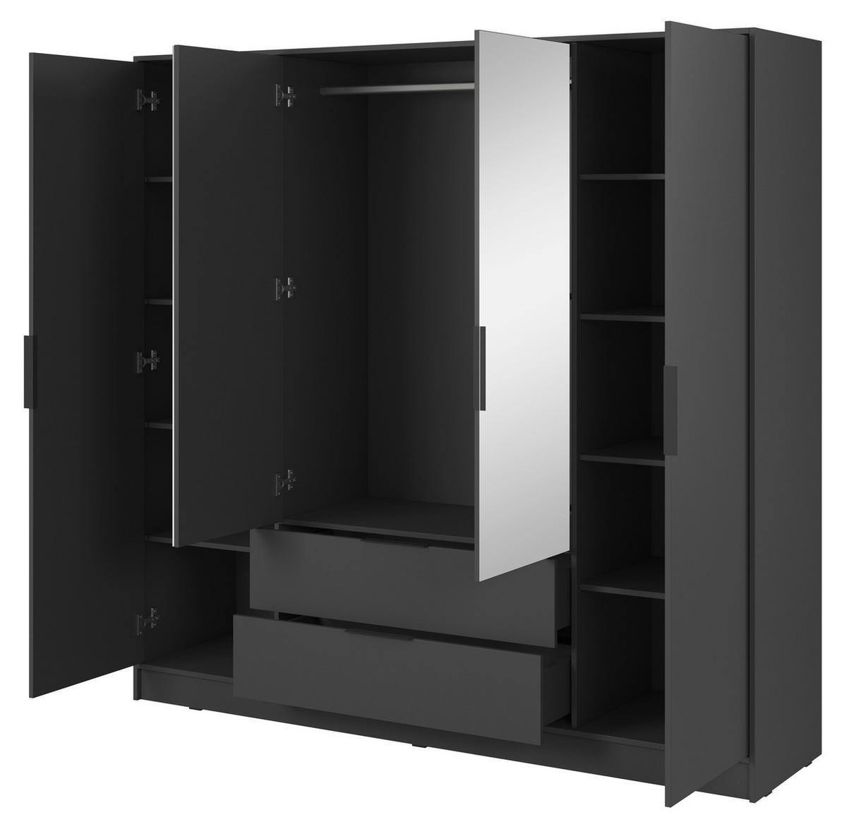 KLEIDERSCHRANK mit Spiegel 206 cm Kalma, 4 Türen, 2 Schubladen, Graphite - Graphitfarben, Holz (206/200/51cm) - Emporius