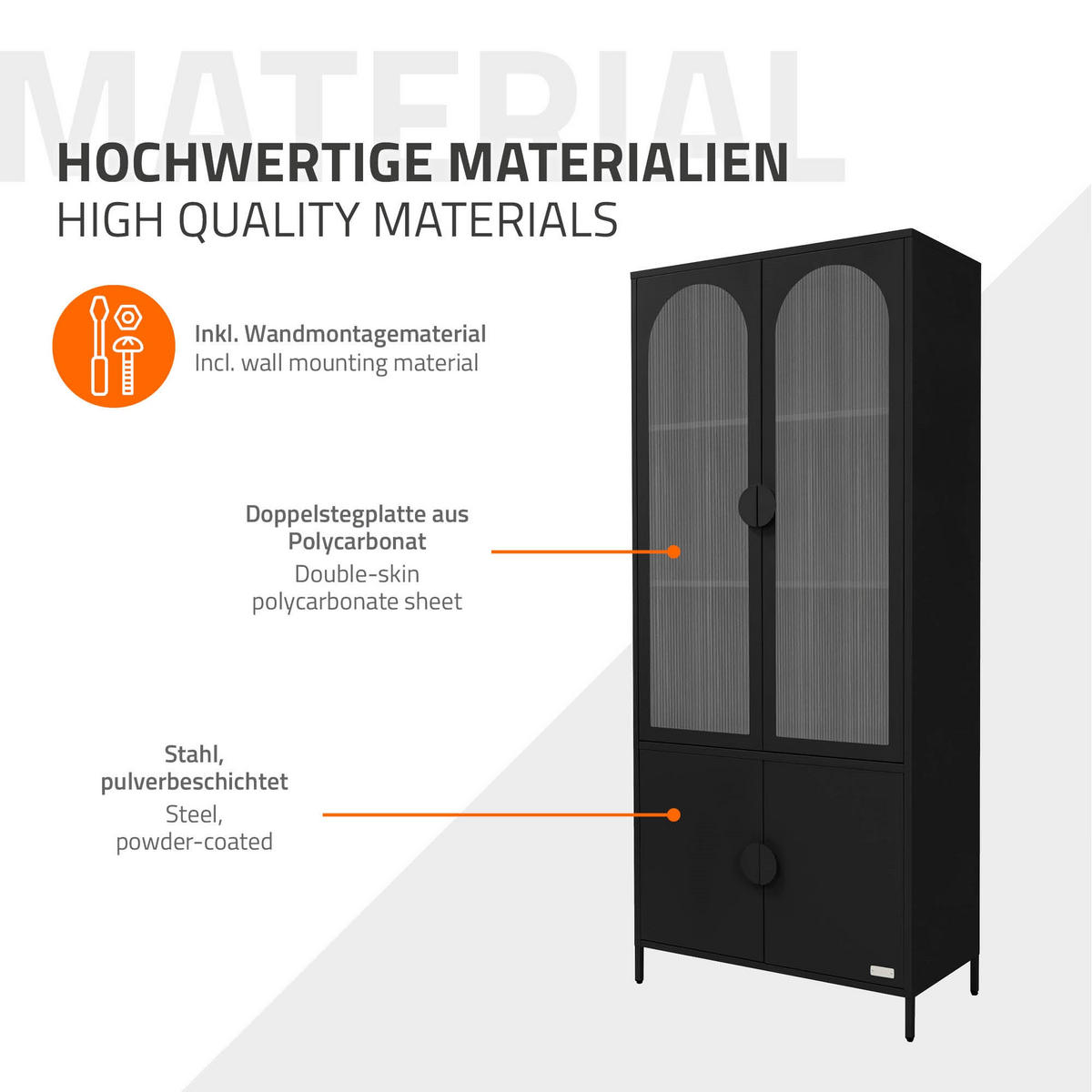 VITRINENSCHRANK 80x185x40 cm Schwarz aus Stahl mit 4 Türen - Schwarz, Metall (80/185/40cm) - ML-DESIGN