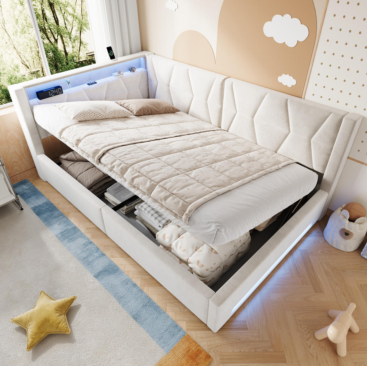 POLSTERBETT 140x200 cm in Beige mit Bettkasten, LED-Beleuchtung, USB und Type-C - Beige, Metall (140/200cm) - IVMEU