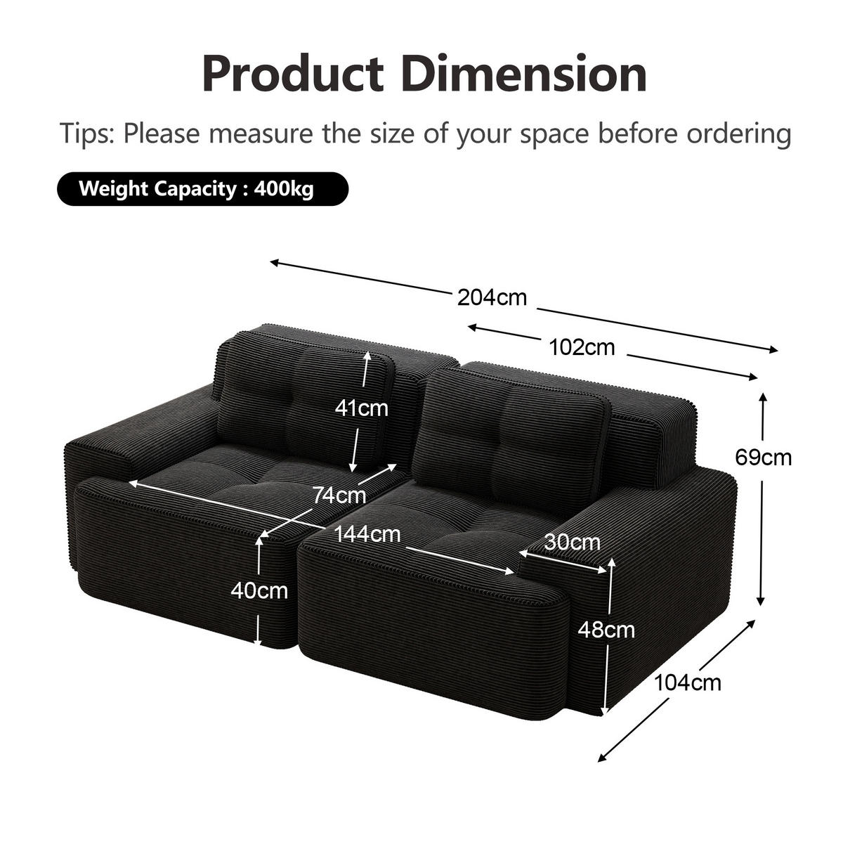 ECKSOFA 204/104/69 cm schwarz aus Cord mit 74 cm Tiefsitz und boneless Design - Schwarz, Textil (104/204cm) - OKWISH