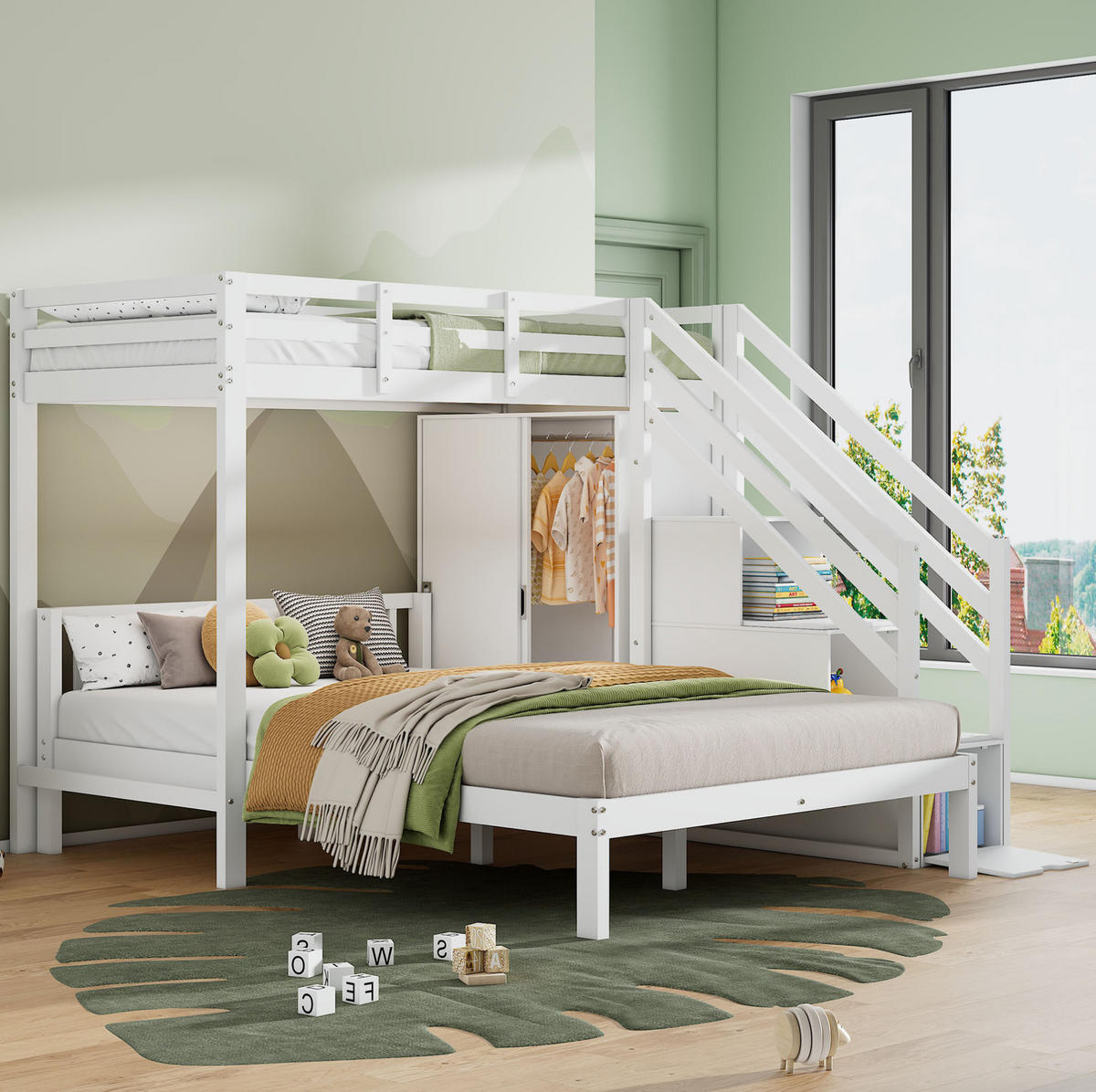 ETAGENBETT 90/200 cm + 140/200 cm in Weiß mit Kleiderschrank und Stauraumtreppe - Weiß, Holz (90/200cm) - Flora Grace