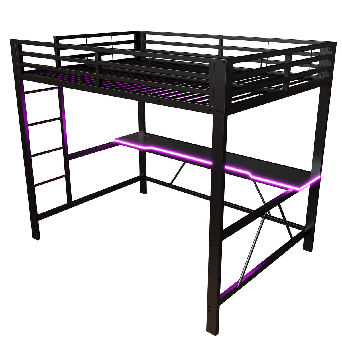 HOCHBETT 140/200 cm aus Metall und MDF mit Schreibtisch und LED-Beleuchtung Schwarz - Schwarz, Holzwerkstoff (140/200cm) - Modenvie