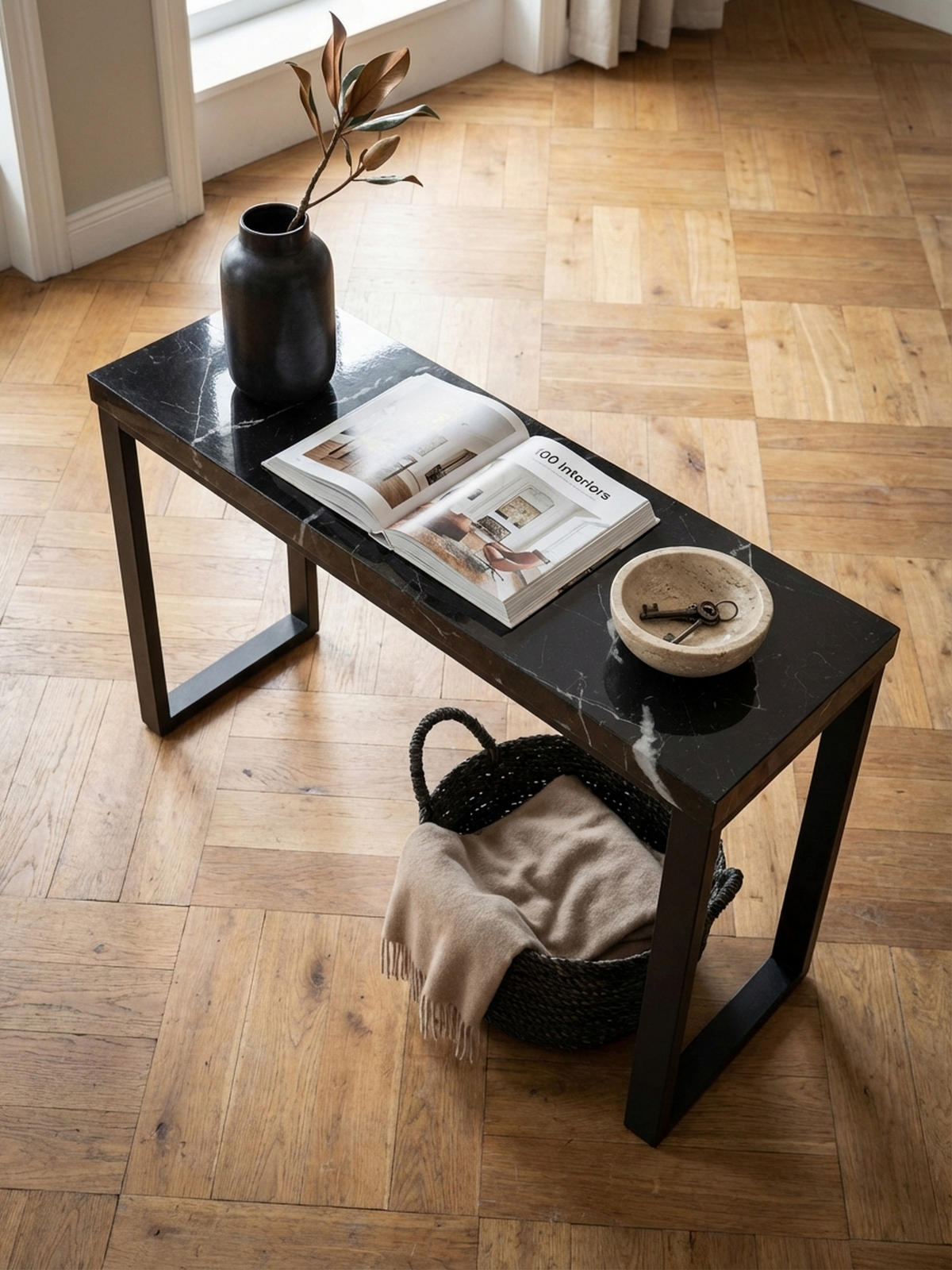 KONSOLENTISCH – Marmoroptik Schwarz, 120x40x76 cm, Hochglanz, Metallbeine - Schwarz, Holzwerkstoff/Metall (40/120/76cm) - KADIMA DESIGN