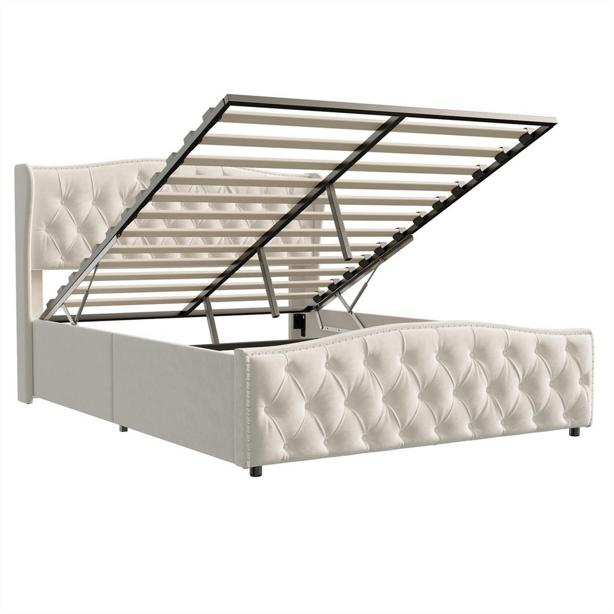 POLSTERBETT 140x200 cm mit hydraulischem Stauraum - Kopfteil und Fußteil im Wellendesign mit Nieten-Dekor - Cremeweiß - Creme, Textil (140/200cm) - DELFA