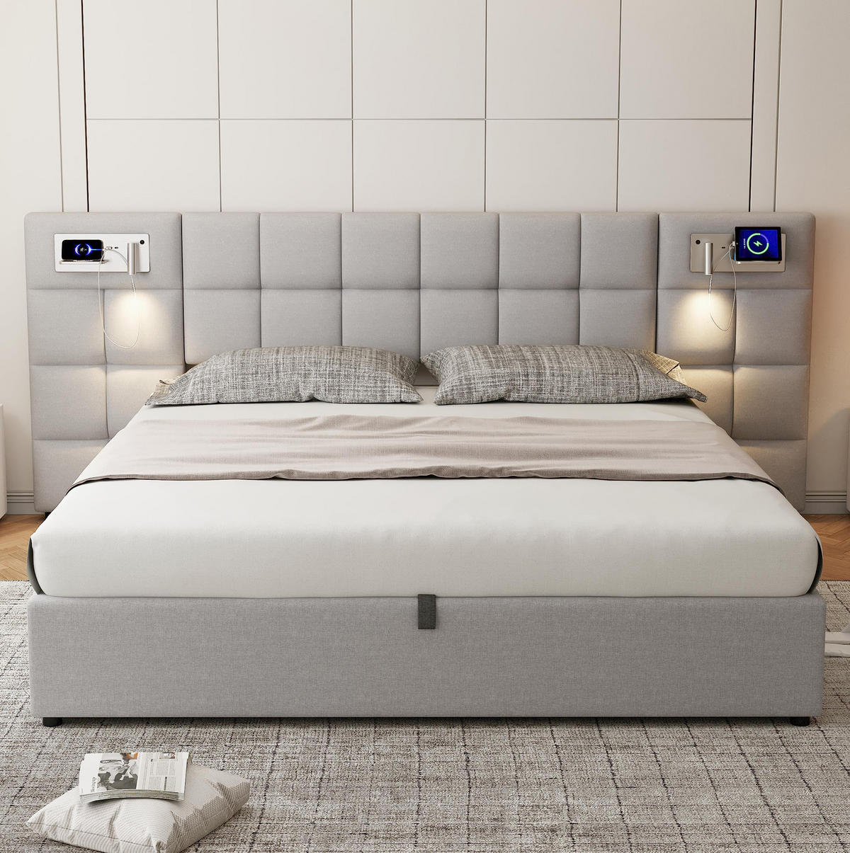 POLSTERBETT aus Leinen 180x200 cm in Grau mit USB & kabellosem Laden & Licht - Grau, Leder (180/200cm) - Modfu
