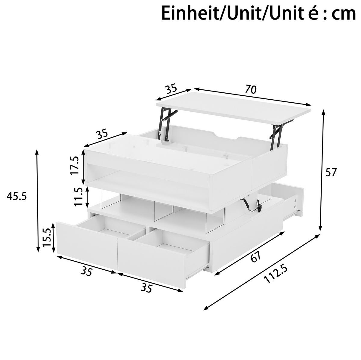 COUCHTISCH höhenverstellbar 70 x 67 x 57 cm Weiß mit LED - Weiß, Holzwerkstoff (112.5/70/57cm) - Meubliv