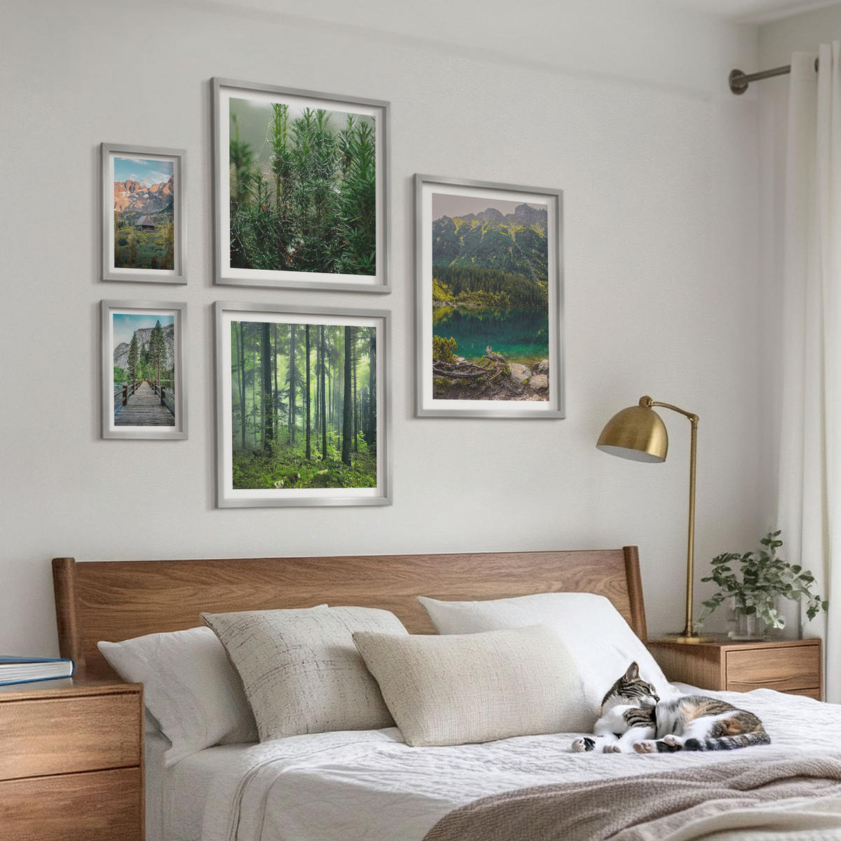 WANDBILDER 5er Set - 50x50 cm & 20x30 cm & 40x60 cm Silberner Rahmen - Minimalistische Pflanzenzeichnungen - Silberfarben, Kunststoff (40/60cm) - ArtPrintCave
