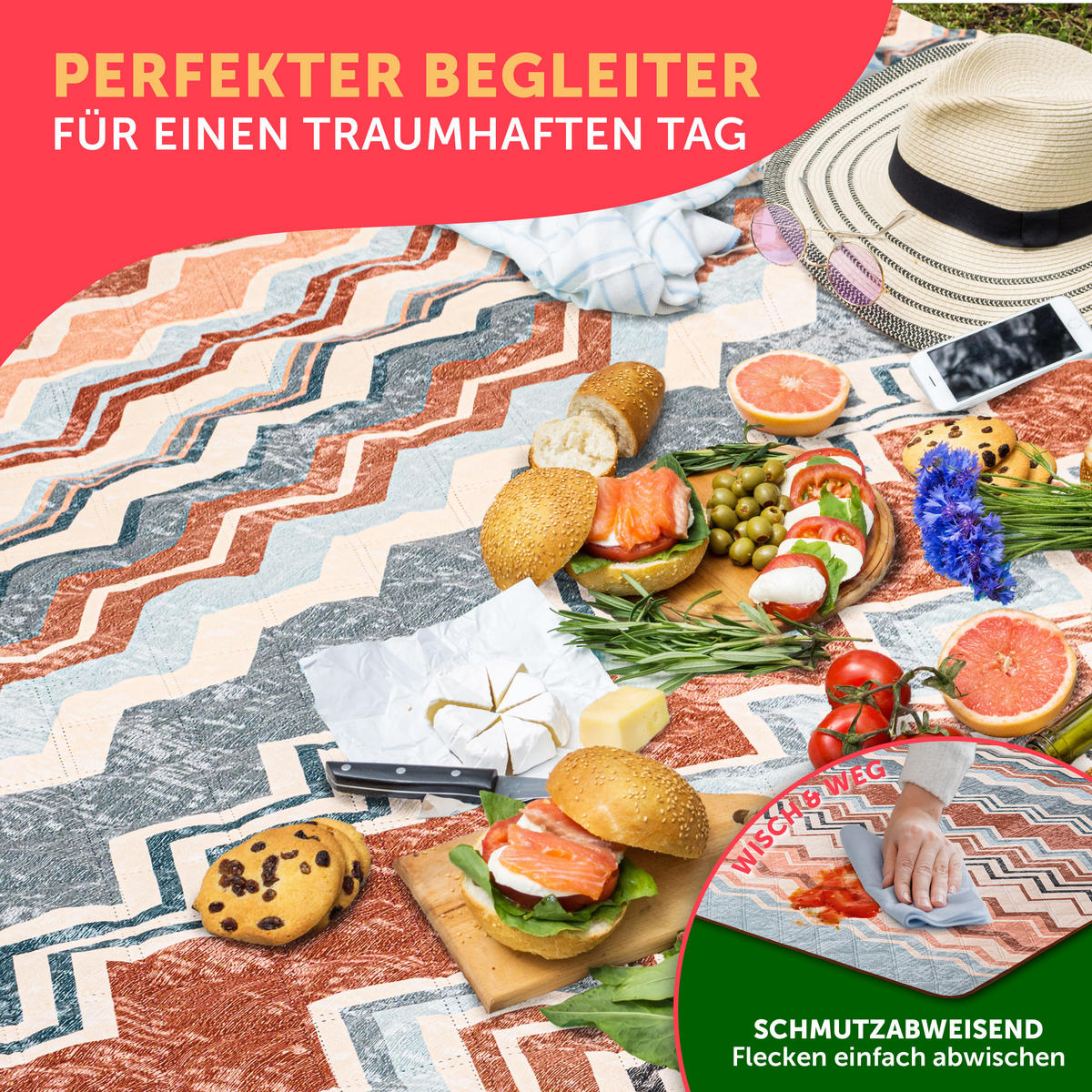 PICKNICKDECKE wasserabweisend 200x200 cm Boho & Terrazzo Design - Decke Boho Zickzack - Multicolor, Textil (200/200cm) - Blumtal