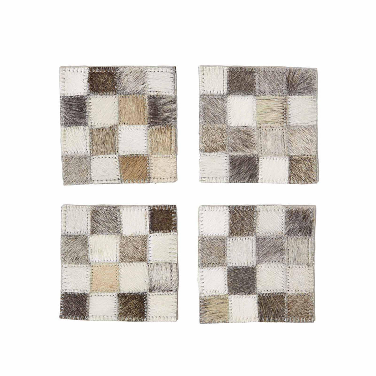 UNTERSETZER grau, 4er-Set mit Patchwork-Karo, Fell & Leder, 10/10 cm - Multicolor, Leder (10/10cm) - Homescapes
