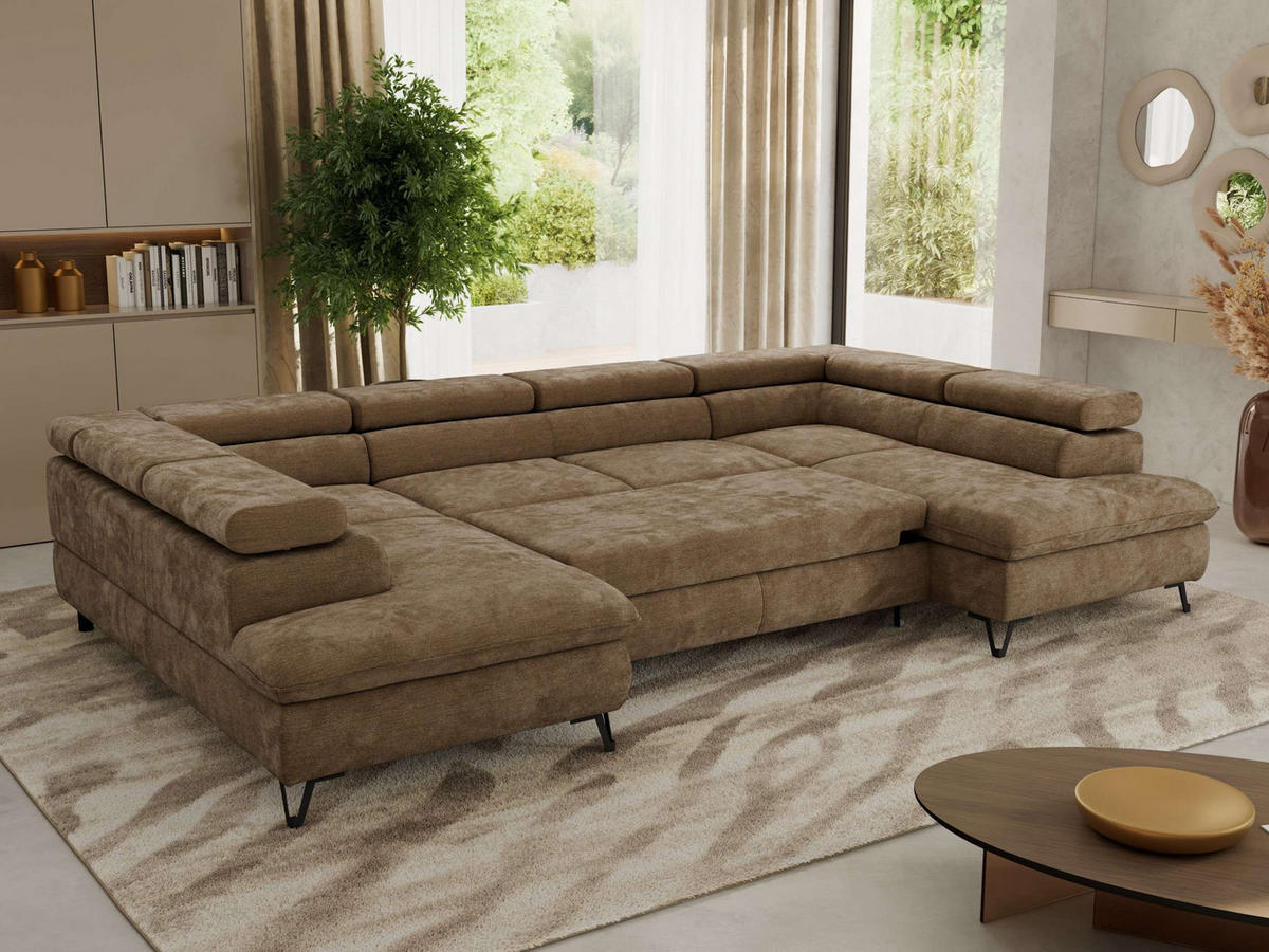 WOHNLANDSCHAFT PABLO U Schenille glatt Braun - Schwarz/Braun, Textil/Metall (346/76/208cm) - MKS