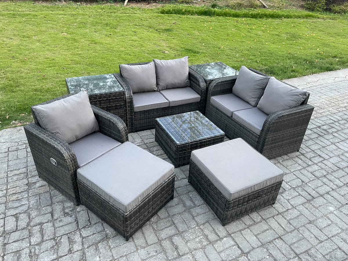 LOUNGEGARNITUR Polyrattan Dunkelgrau 7-Sitzer - Dunkelgrau, Metall - Fimous