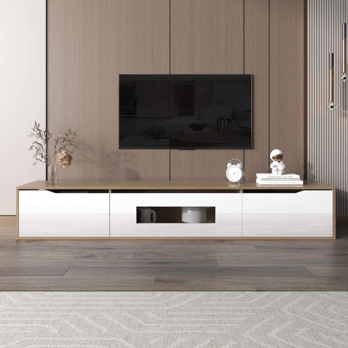 TV Lowboard LED 180x30x35 cm, hängend oder stehend, Weiß Holz - Weiß, Holz (180/30/35cm)