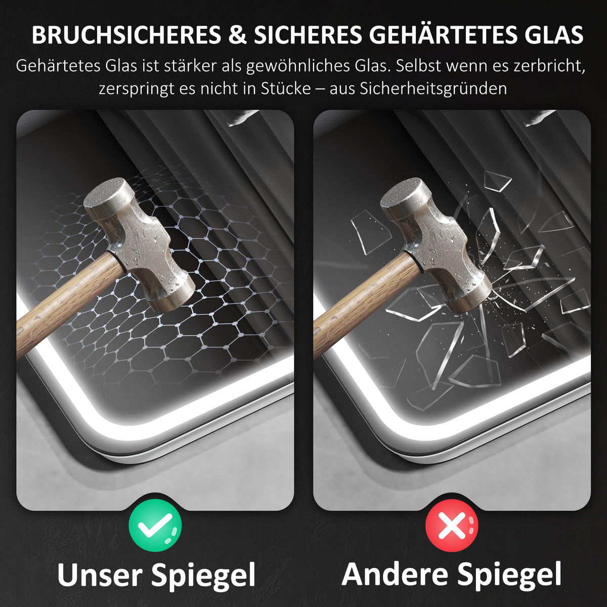 BADEZIMMERSPIEGEL mit LED-Beleuchtung, Anti-Beschlags-Pad, 3 verstellbare Farben - Silberfarben, Glas (3.5/70/90cm) - HOMCOM